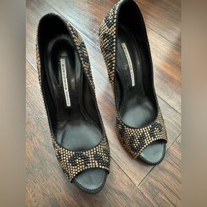 Suecomma Bonnie Black and Gold Embellished Peep Toe Heels